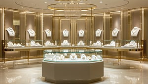Jewelry is displayed in a luxury jewelry store.