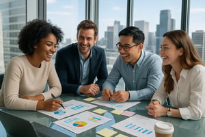 photographic In a sleek bright modern office overlooking a vibrant cityscape a diverse team of strategists huddles around a large glass table deep in-2