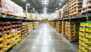 Wholesale club aisle with pallets and food