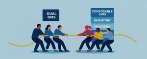 Dual OMS Strategy vs Composable OMS strategy as an illustrated tug of war.