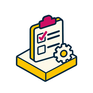 A checklist with a prominent checkmark and small gear representing QA and Test Automation
