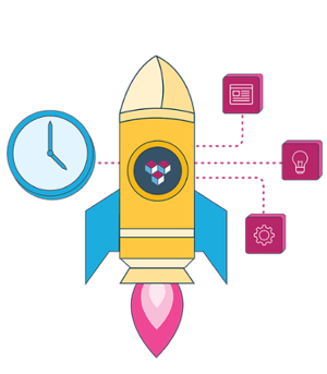 A rocket ship blasting off is surrounded by tiles symbolizing microservices.