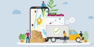 Predictive Promising. From left to right, a person next to stacked boxes, a smartphone displaying pins on a map, a calendar and a delivery truck.