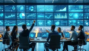 TheimagedepictsamoderncontroltowersetinasleekhightechenvironmentfilledwithlargedigitalscreensdisplayingrealtimeinventorydataandanalyticsIntheforegroundadiversegr